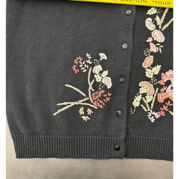 Vintage Heirloom Black Cottagecore Cotton Cardigan Floral Embroidered Sweater - Picture 10 of 10